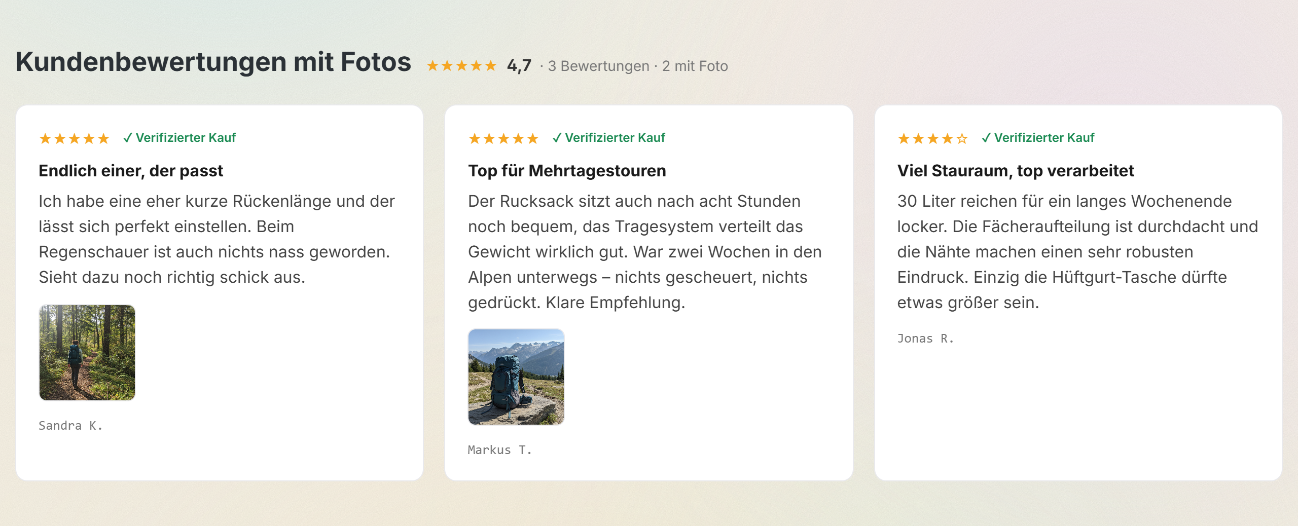 Kundenbewertungen mit Fotos auf einer Produktseite von demo.lechweb.de: Sternebewertung, verifizierte Käufe und echte Kundenfotos